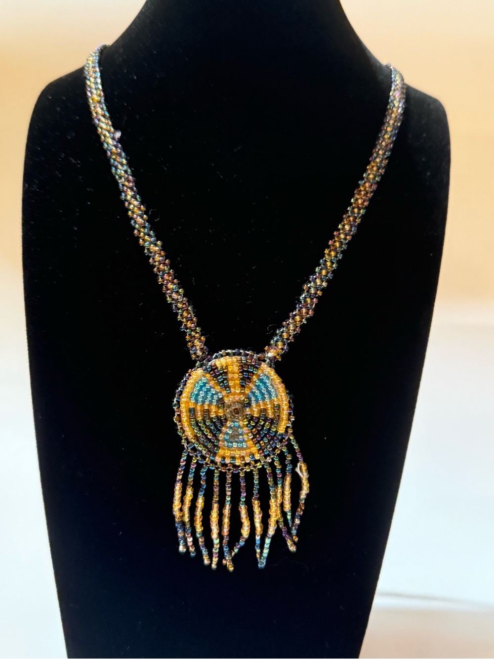 Vintage Southwestern Seed Bead Necklace 29” Beaded Medallion Fringe